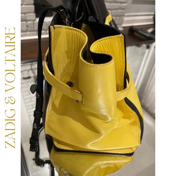ZADIG & VOLTAIRE LARGE DRAMATIC CANDIDE YELLOW AND BLACK LEATHER TOTE - Picture 8 of 11